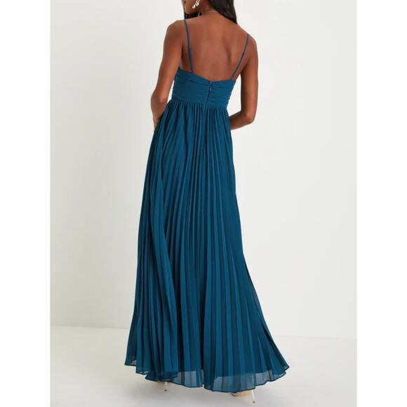 Lulus Sensational Charmer Teal Blue Pleated Sleeveless Maxi Dress Wedding Size M - Picture 4 of 16